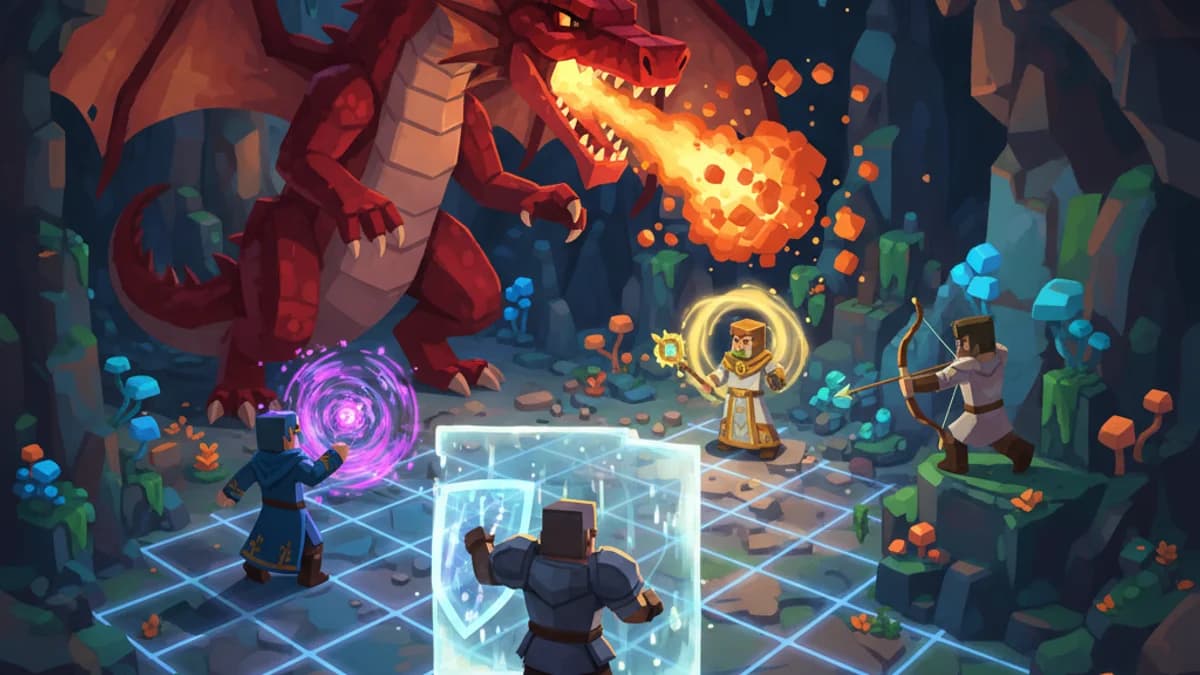 Party vs dragon boss in voxel dungeon